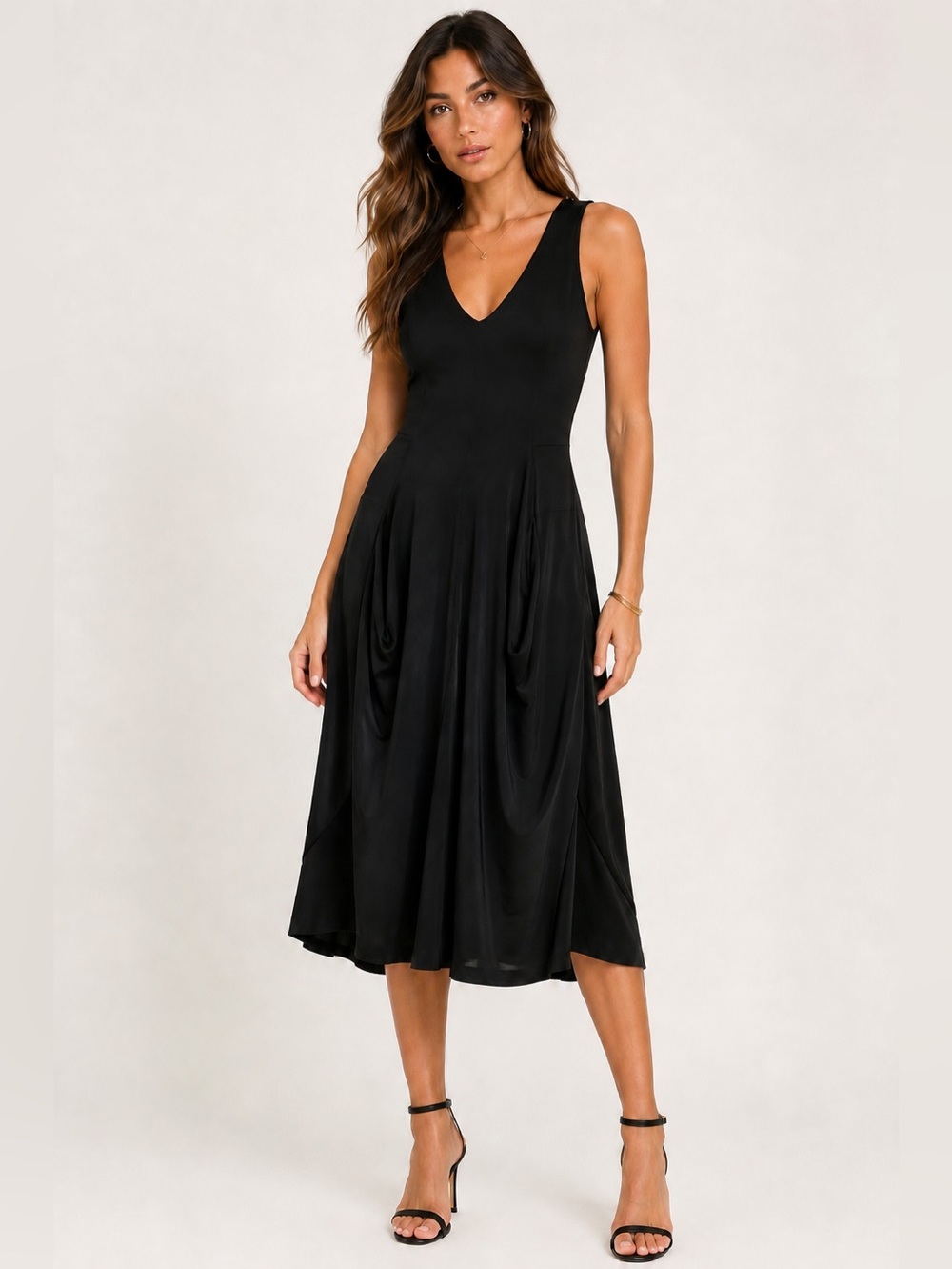 Yakia Vintage Black V-Neck Draped Front Midi Dress Sz. S